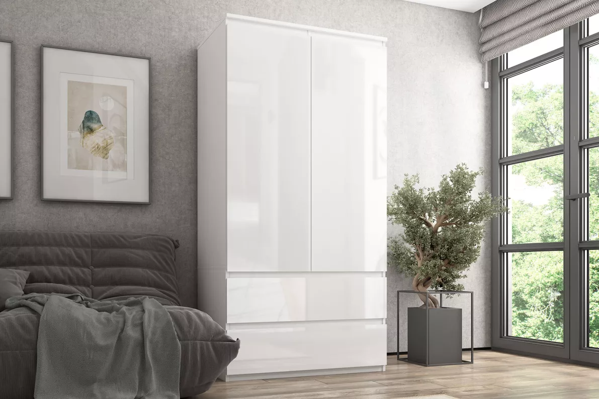 Шкаф 2-х дверный с ящиками, 90 см ЛюксБелый глянец
