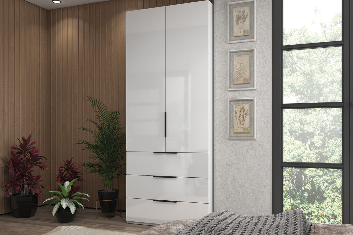 Шкаф 2-х дверный с ящиками, 90 см ЛюксБелый глянец