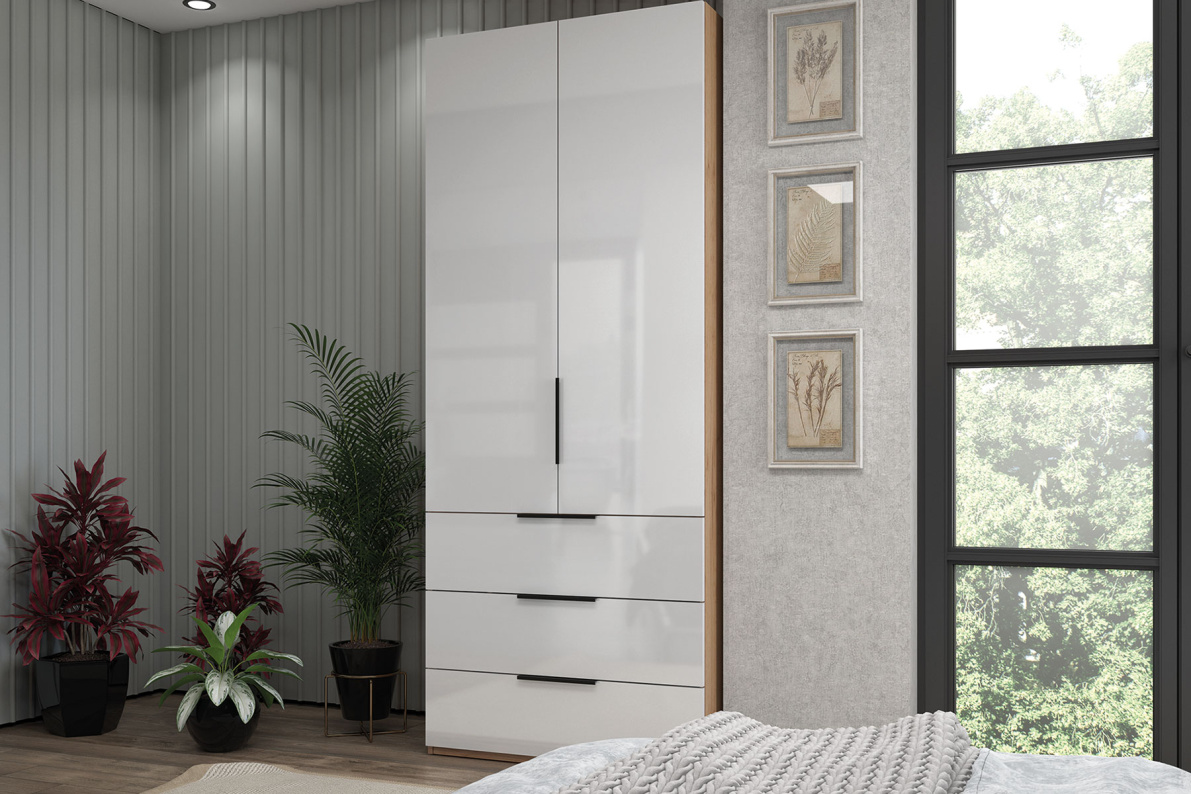 Шкаф 2-х дверный с ящиками, 90 см ЛюксБелый глянец