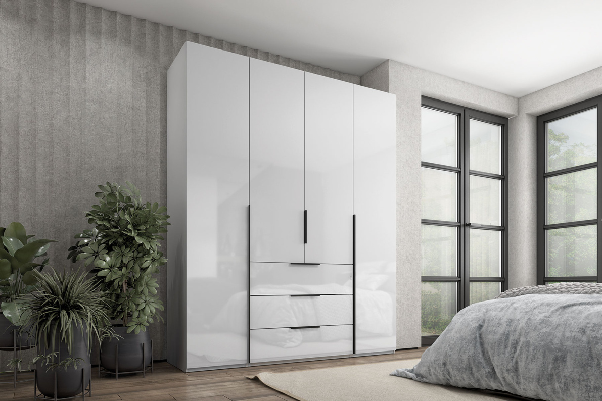 Шкаф 4-х дверный с полками и ящиками, 180 см ЛюксБелый глянец